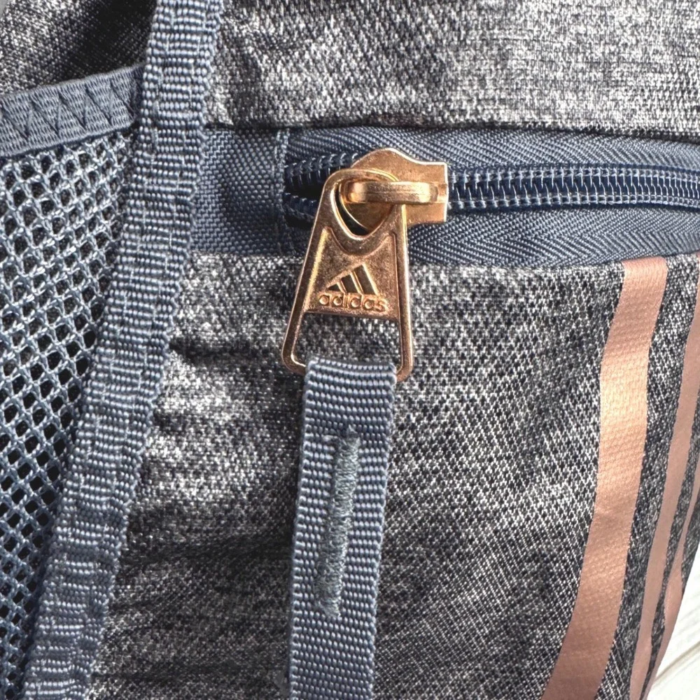 Adidas Drawstring Cinch Bag Grey Navy Rose Gold Metallic Stripes Sackpack Gym - Picture 2 of 7